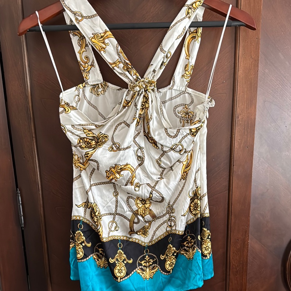 Cache White and Gold Tie Front Backless Tank Top